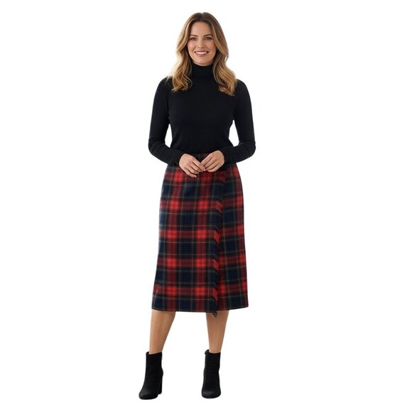 Rafaella Vintage Tartan Plaid Worsted Wool Wrap Midi Skirt Fringe Detail Size 14 - Picture 1 of 6